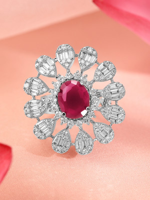 RUBANS Rhodium-Plated Ruby Pink & CZ Studded Floral Design Adjustable Finger Ring Brass Rhodium Plated Ring