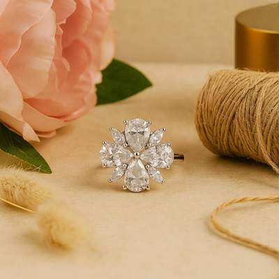 Chothy Women's Crystal Flower Statement Ring | Adjustable Size | Gift for Her Brass Diamond Brass Plated Ring