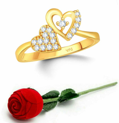 VIGHNAHARTA Valentine Swag Heart Alloy Ring with Red Rose Ring Box for Women and Girls Brass Cubic Zirconia Gold Plated Ring Set