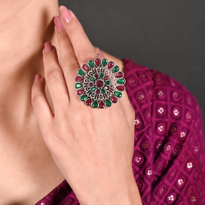 Tanusha Jewels BEAUTIFUL ADJUSTABLE BLACK SILVER PLATED ANTIQUE STATEMENT RING Brass Black Silver Plated Ring