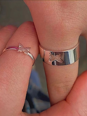 Vivity Valentine Couple Combo Stylish Finger Rings Couples Butterfly Lovers Silver Alloy Silver Plated Ring Set