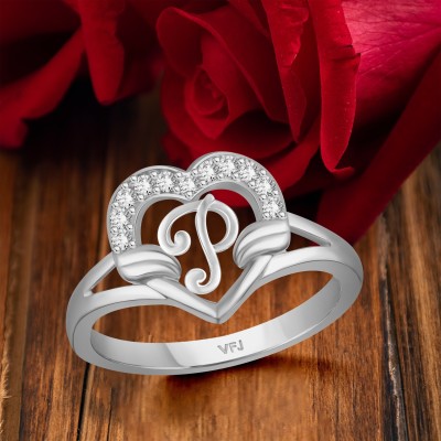 VIGHNAHARTA Valentine cluster'' P '' with heart ring alphabet cluster for women and Girls Brass Cubic Zirconia Rhodium Plated Ring