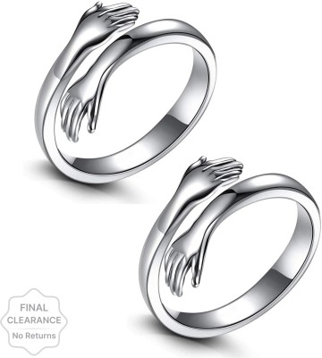 Anrich (Set Of 2 Pcs) Silver Love Forever Valentine's Day Hand Hug Me Metal Silver Plated Ring Set