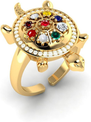 KUSHMIWAL GEMS Natural Navratna Best Of Luck Gold & Kachua Adjustable Ring Brass Gold Plated Ring