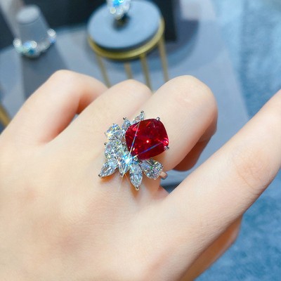 Designs & You Silver Plated American Diamond Crushed Ice Cut Red Contemporary Finger Ring Brass Cubic Zirconia Silver Plated Ring