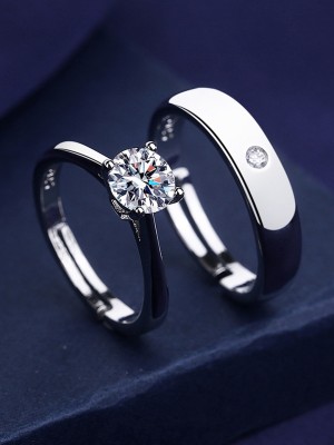 mahi Solitaire Couple Ring Set with Cubic Zirconia and Crystal Alloy Cubic Zirconia Rhodium Plated Ring
