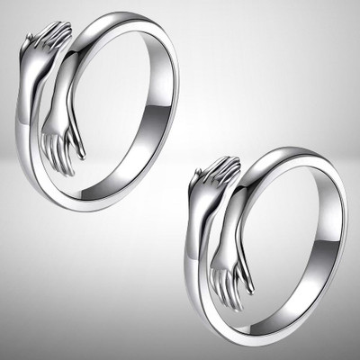 White Chimes Pack of 2 Silver-Plated Friendship Loved Ones Hug Ring Special for couple Alloy Silver Plated Ring Set