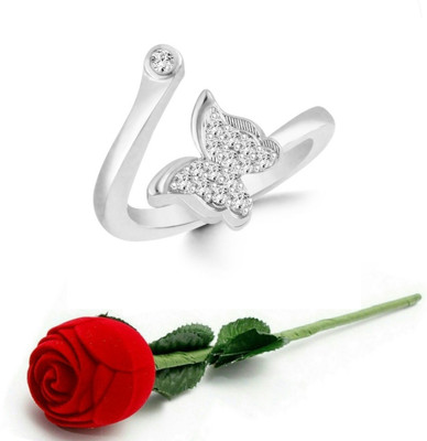VIGHNAHARTA Rhodium Plated Alloy adjustable butterfly Ring with Rose box for Women and Girls Brass Cubic Zirconia Ring Set