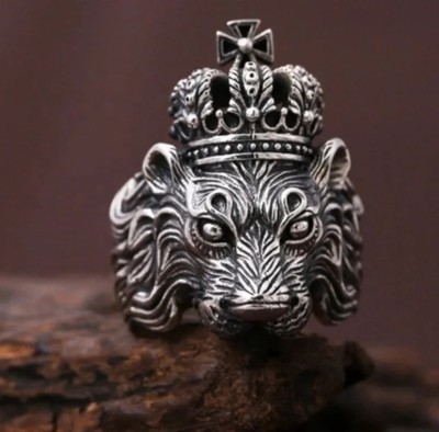 Zoey Antique Oxidized Silver Plated Crown Lion Adjustable Ring Metal Ring