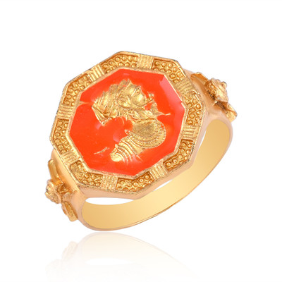 morir Gold Plated Brass Orange Enamel Hexagonal Shape Chhatrapati Shivaji Finger Ring Brass Gold Plated Ring