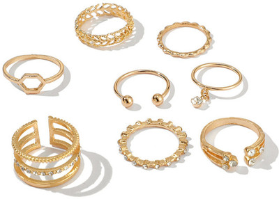 Vembley Eight Piece White Crystal Drop Heart Multi Designs Set Alloy Gold Plated Ring