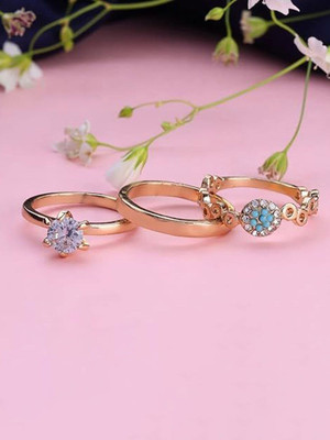 Dressberry Set of 3 Gold Plated Minimal Classic Studded Finger Rings for Women and Girls Brass Diamond Ring Set