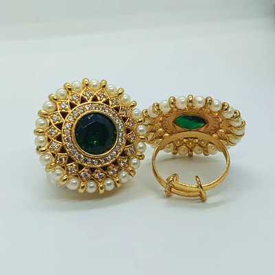 SR COLLECTIONS Traditional Big AD Adjustable Ring with Green Stone and Pearl Border Crystal, Brass Cubic Zirconia Gold Plated Ring
