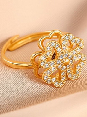 Dressberry Rotating Cubic Zirconia Studded Adjustable Gold-Plated Clover Ring For Women Alloy Cubic Zirconia Gold Plated Ring