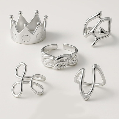 Bawree Stainless Steel (5Pcs) Finger Ring Crown Wavy Twist Curve Pattern Rings Alloy Crystal Silver Plated Ring