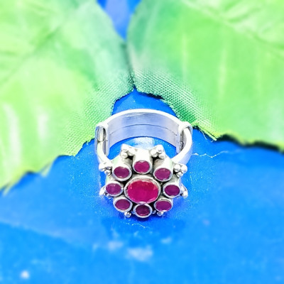 jsaj ROUND SHAPE RAWA WORK CUT STONE RING WITH RUBY STONE Sterling Silver Ruby Silver Plated Ring