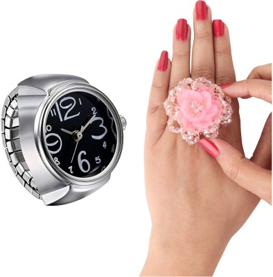 Rhosyn Combo of Adjustable Finger RIng Watch & Floral Cocktail Finger Ring Metal, Alloy, Crystal Silver, Silver Plated Ring