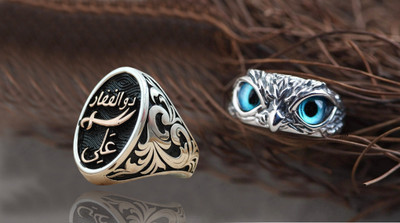 Syfer Owl Ring and Zulfiqar Ali Written Hazrat Sword of Ali Motif Silver (combo) Stainless Steel Silver Plated Ring