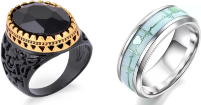 Dynamic Retail Global Set of 2 Rings for Men, Black-Silver Alloy Ring
