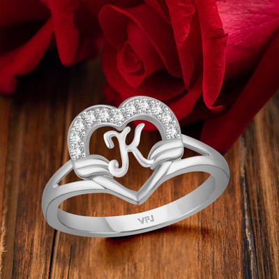 VIGHNAHARTA Valentine cluster'' K '' with heart ring alphabet cluster for women and Girls Brass Cubic Zirconia Rhodium Plated Ring