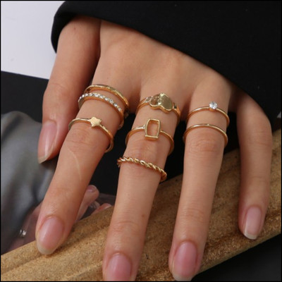 TheVineGirl Gold Plated 8 Piece Star Heart Cross Chain Ring Set Alloy Cubic Zirconia Gold Plated Ring Set