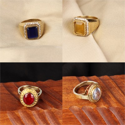 Kalyan Jewels Asthadhatau Religious Pack Of 4 American Diamond Gold Plated Sapphire Brass Sapphire, Cubic Zirconia, Ruby Gold Plated Ring