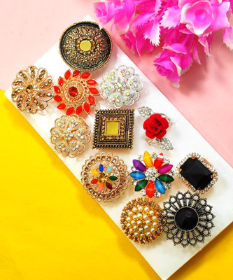 Divyanshi Collection Combo Pack Of Fancy Multicolour 12 Ad Rings Brass Diamond Gold, Silver Plated Ring Set