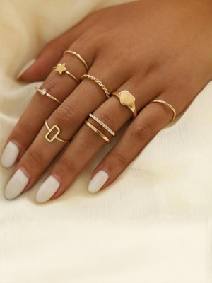 Dressberry Gold Plated Eight Piece Diamond Star Heart Cross Chain Ring Set Alloy Cubic Zirconia Gold Plated Ring Set