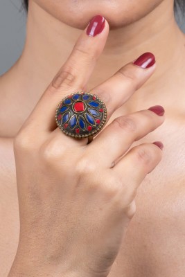 Look And Adorn Red Blue Tibetan Finger Ring Metal Ring