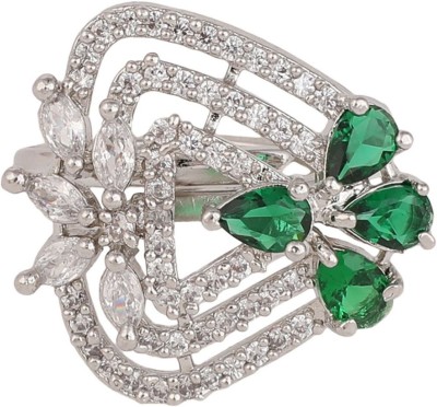 JEWELS GURU Silver-Plated Green & White AD-Studded Adjustable Finger Ring_JG Brass Cubic Zirconia Gold Plated Ring