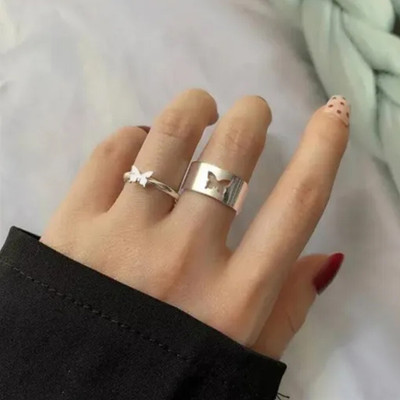 Vembley Silver Butterfly Couple Ring Matching Wrap Finger Ring For Women And Girls Alloy Silver Plated Ring Set
