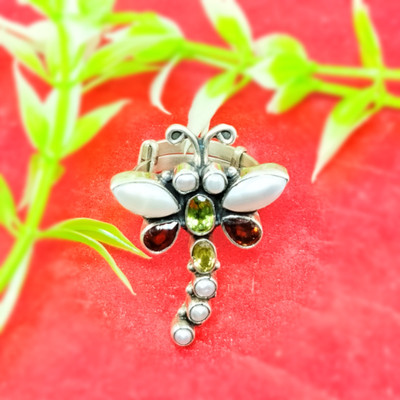 jsaj BUTTERFLY RING WITH MULTI COLOR GARNET CITRINE AND PEARL STONE Sterling Silver Ruby Silver Plated Ring