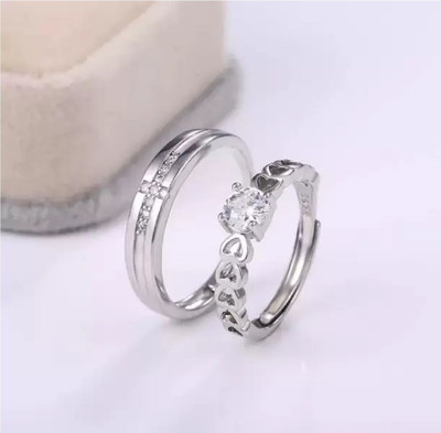Alviira Valentine Gift Metal Platinum Plated Adjustable Couple Rings Stainless Steel Cubic Zirconia Silver Plated Ring