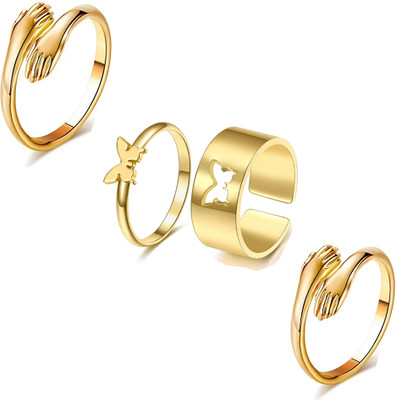 AVR JEWELS Gold plated Couple Butterfly and Gold plated Hug Ring Combo For Men and Women Alloy Silver Plated Ring Set