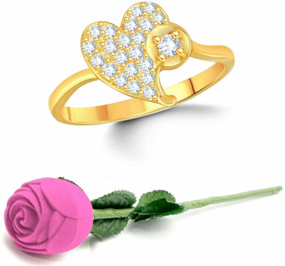 VIGHNAHARTA Valentine Heart Alloy Ring with Pink Rose Ring Box for Women and Girls Brass Cubic Zirconia Gold Plated Ring Set