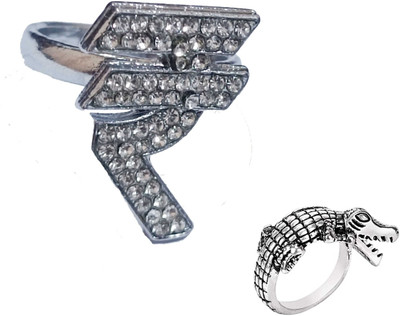Neerajyoti Rupees Symbol AD Ring & CROCODILE Rings Stainless Steel Silver Plated Chain Ring - Multi Finger