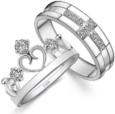 Inori Adjustable Couple Rings Silver Combo for Lovers Crown Engraved 'King Queen' Brass, Stainless Steel, Copper, Metal Cubic Zirconia Silver Plated Ring Set
