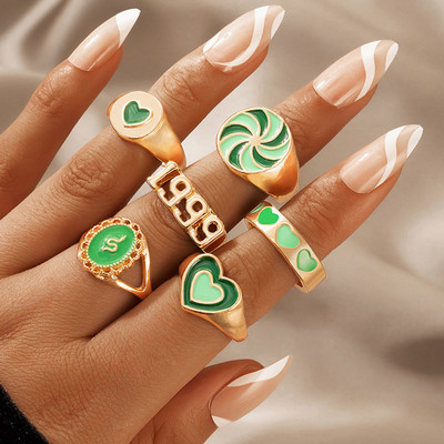 VIDALI Green 6 Pcs Dripping Oil Love 1999 Feelings Ring Set For Women Alloy Gold Plated Ring Set