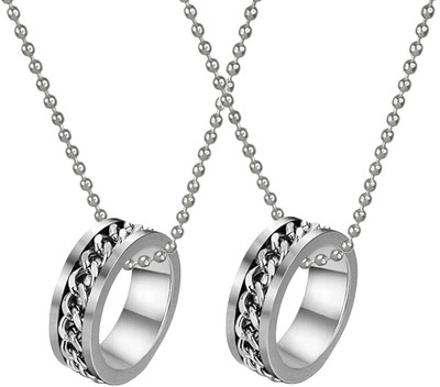 De-Ultimate Set Of 2 Rotatable Silver Chain Link Inlaid Spinner Fidget Ring Locket Pendant Stainless Steel Pendant Set