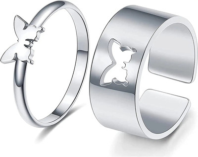 Paladiya Krafts Silver Plated Butterfly Alloy Metal Couple Ring Alloy, Stainless Steel Ring Set