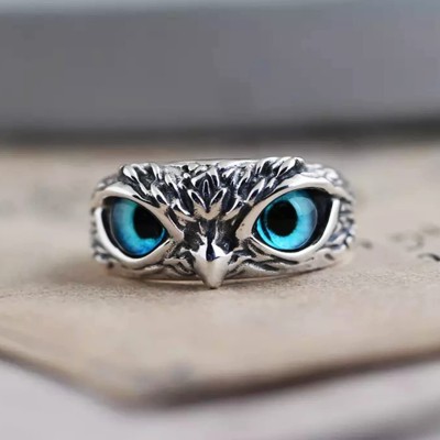 University Trendz Alloy Owl Face Cat Blue Eyes Animal Charm Adjustable Ring for Mens and Boys Alloy Cubic Zirconia Rhodium Plated Ring