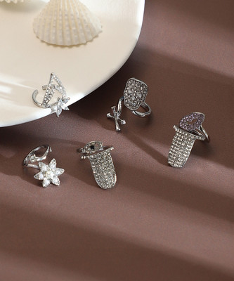 SOHI Women's The Bling-Bloom Nail Rings - Metallic Silver (Set Of 5) Alloy Silver Plated Ring Set
