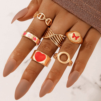 TheVineGirl Red Color Dripping Oil Love Star, Heart Butterfly 6 Pcs Ring Set Alloy Ring Set