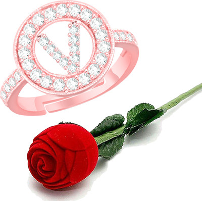 MEENAZ Rose Gold Rings for girls women girlfriend couple valentine alphabet V letter AD Brass, Copper, Crystal, Stone, Alloy, Metal Cubic Zirconia, Diamond, Zircon, Crystal Gold Plated Ring Set