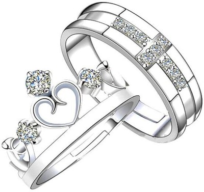 HAPPIEST CREATIONS Set of 2 Couple Ring His Queen Her King Lovers Couple Rings Alloy Silver Plated Ring Set