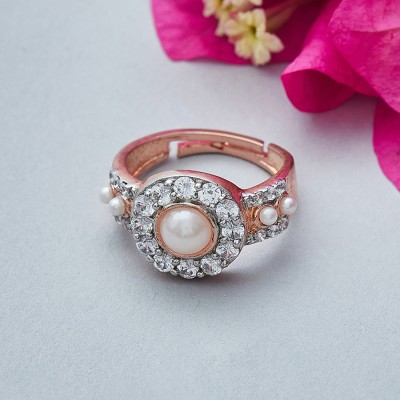 Voylla Pearly Whites Fascinating CZ Ring Brass Gold Plated Ring