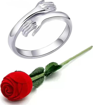 White Chimes Silver Hug Ring For Girls Propose Rose Box Stylish Hug Ring For Couple Women Alloy, Brass, Copper Cubic Zirconia Titanium, Platinum Plated Ring