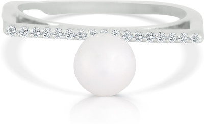 Jina JINA 92.5 Sterling Silver Pearl & Diamond Contemporary Ring Sterling Silver Pearl, Diamond Rhodium Plated Ring