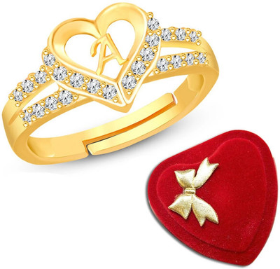 Heer Collection Heart Alphabet 'A' Valentine Ring Promise Propose Engagement Wedding Anniversary Brass, Stainless Steel, Copper, Alloy Cubic Zirconia Gold Plated Ring