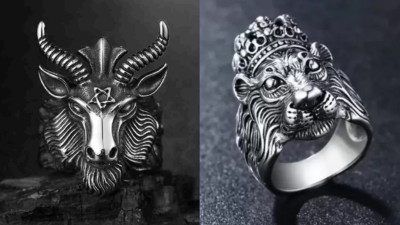 Sunshine Creations (Set of 2 Pcs) Stylish & Unique Lion & Deer Head Ring Combo For Men & Women Stainless Steel Silver Plated Ring